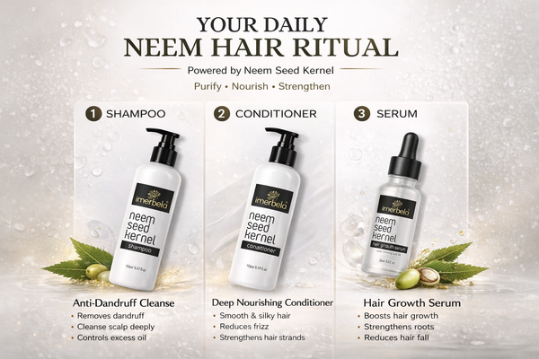 Imerbela Neem Seed Kernel Hair Care Kit – Anti Dandruff, Anti Hair Fall & Silky Smooth Hair | Shampoo + Conditioner + Hair Growth Serum