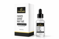 Imerbela neem seed kernel hair growth serum bottle and packaging on a white background